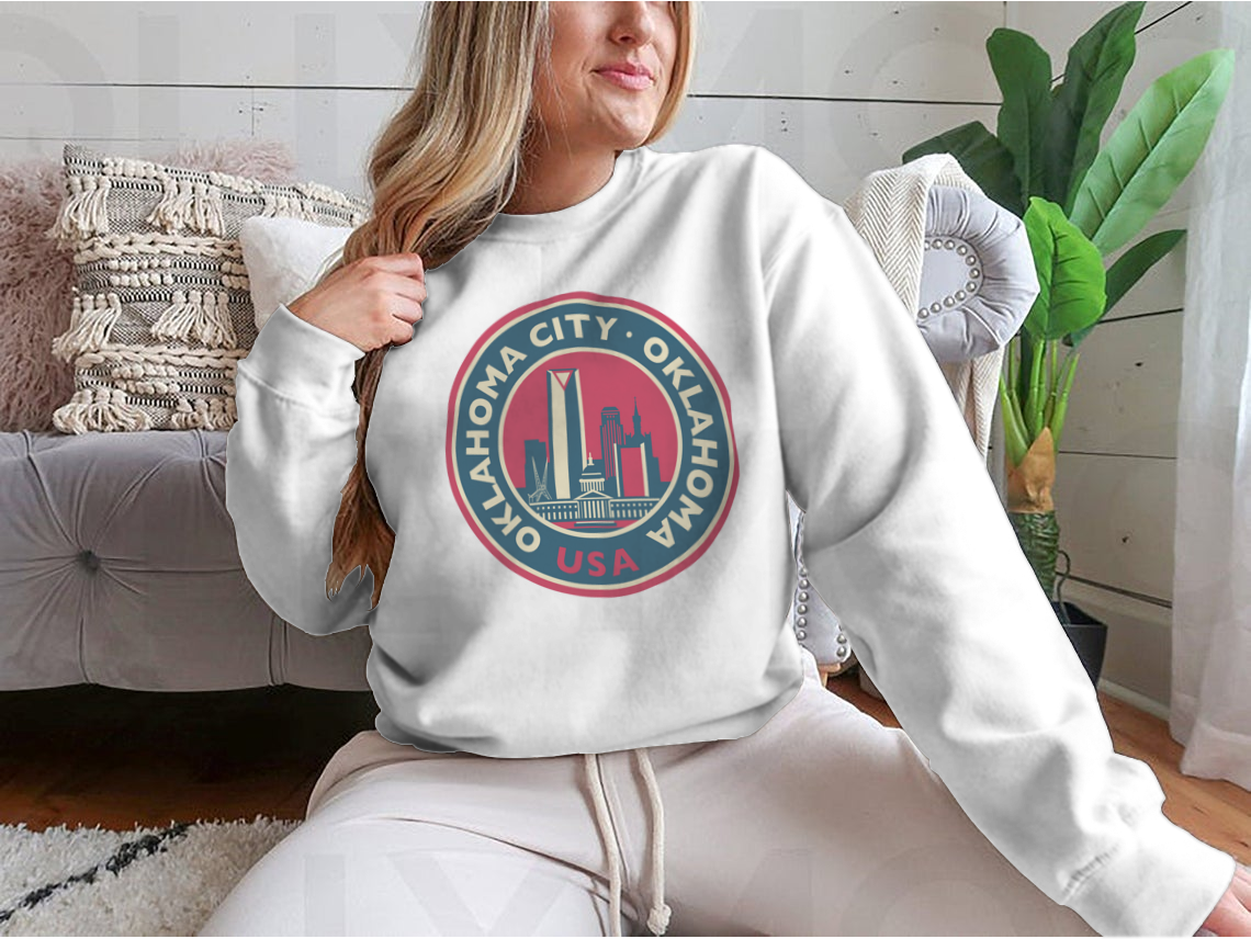 Customized Oklahoma City Round Skyline Sweatshirt showcasing a unique skyline design, made from soft cotton fabric.