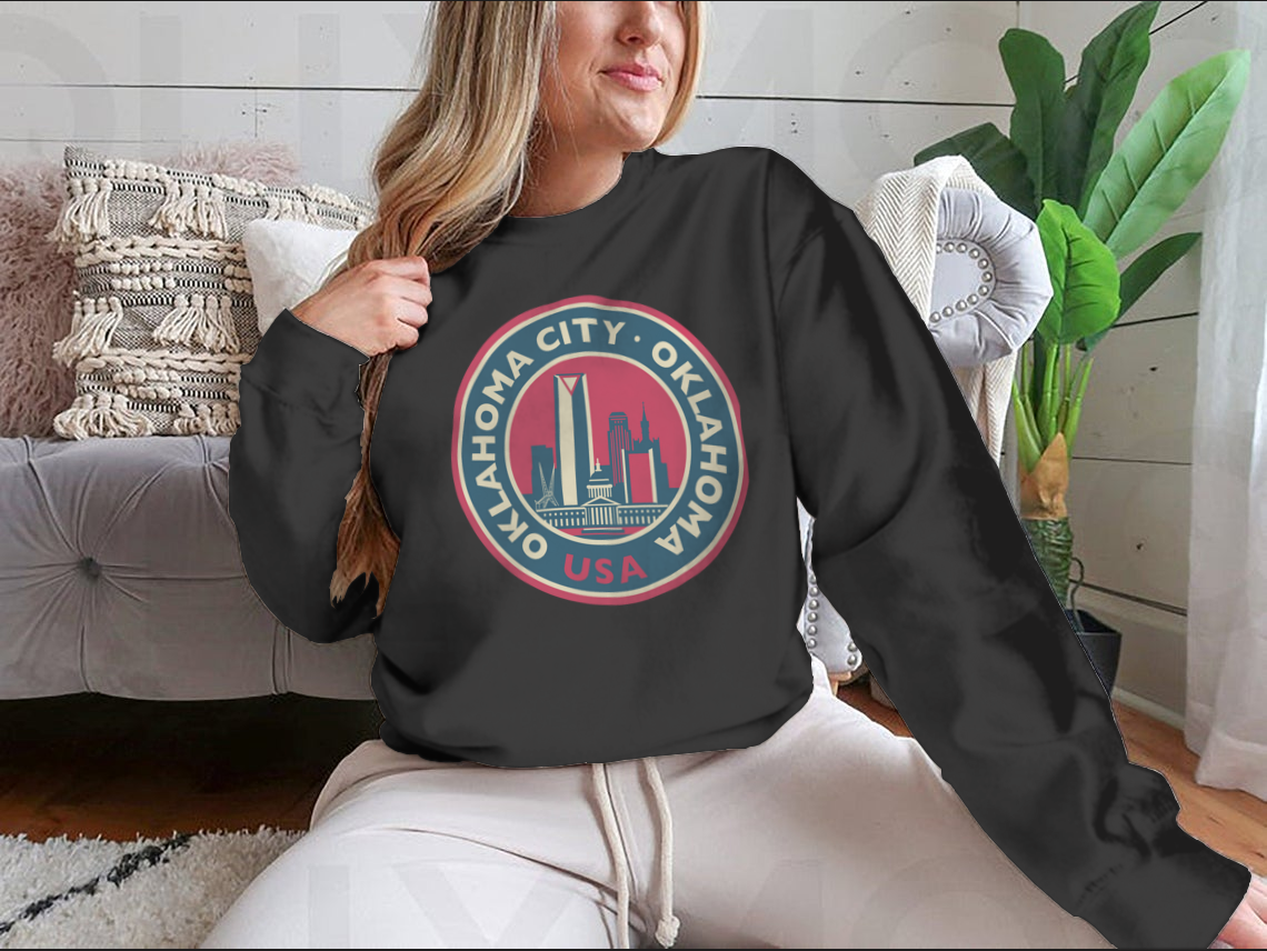 Customized Oklahoma City Round Skyline Sweatshirt showcasing a unique skyline design, made from soft cotton fabric.