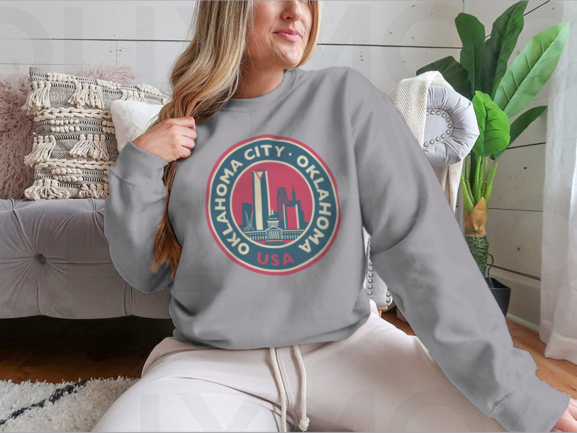 Customized Oklahoma City Round Skyline Sweatshirt showcasing a unique skyline design, made from soft cotton fabric.