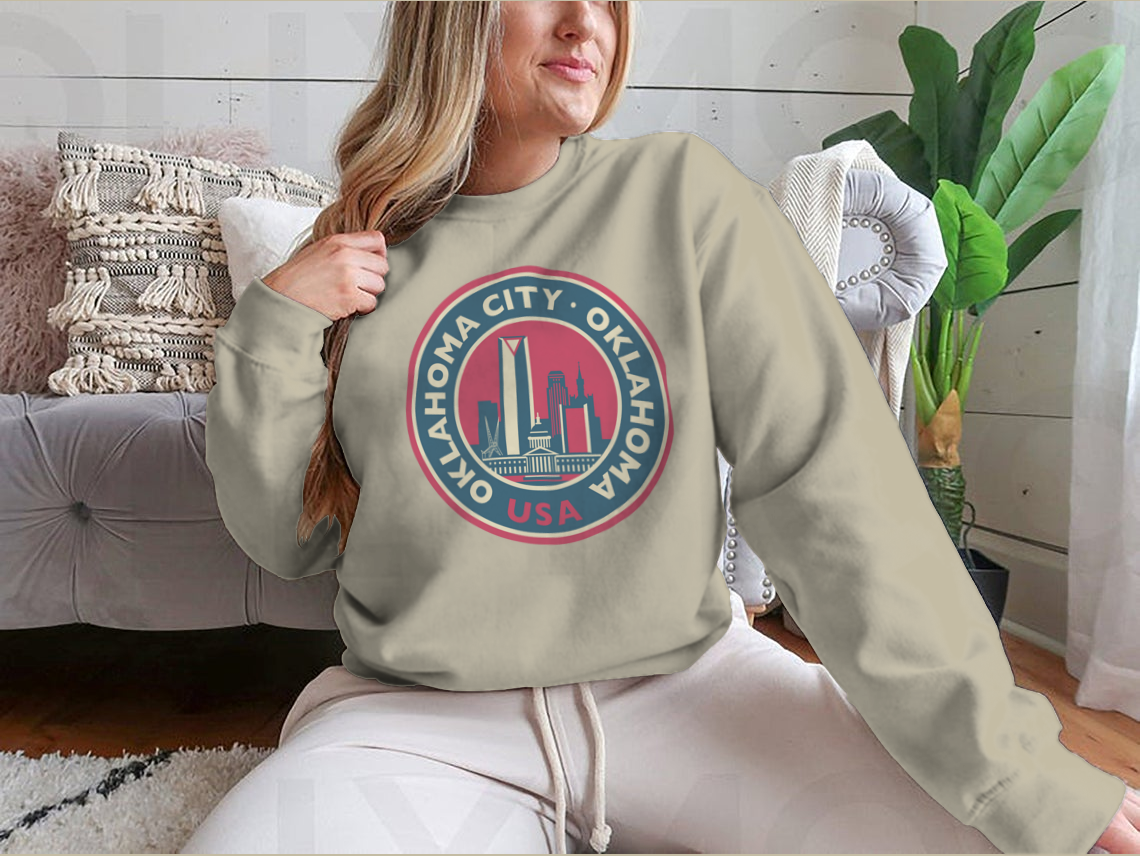 Customized Oklahoma City Round Skyline Sweatshirt showcasing a unique skyline design, made from soft cotton fabric.