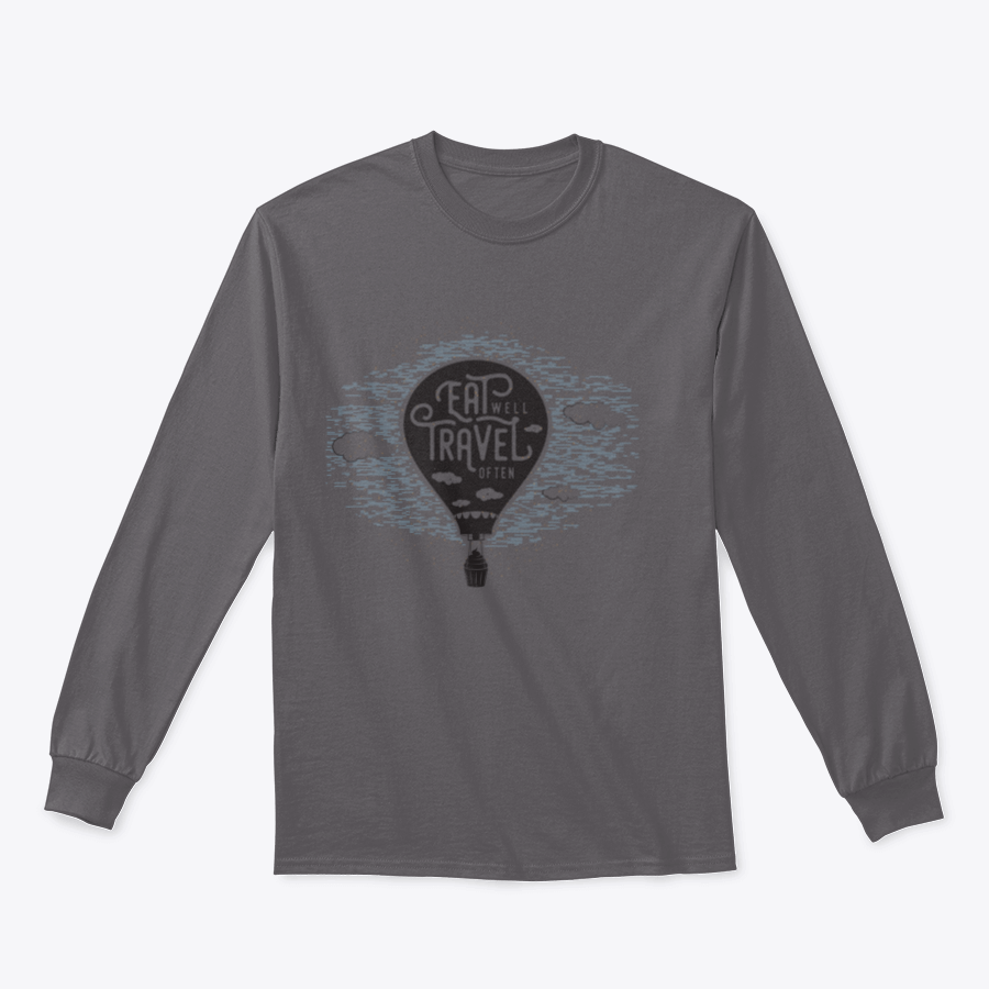 A cozy sweatshirt featuring a cute design of a cupcake riding towards colorful balloons in a bright sky with clouds.