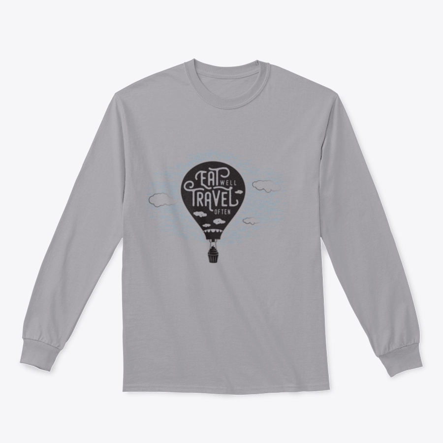 A cozy sweatshirt featuring a cute design of a cupcake riding towards colorful balloons in a bright sky with clouds.