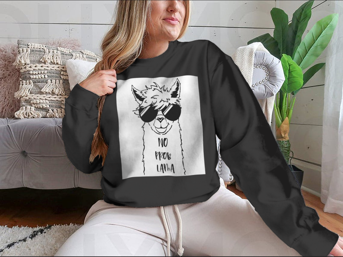 Cute sweatshirt featuring a llama face wearing sunglasses, showcasing a fun and playful design.