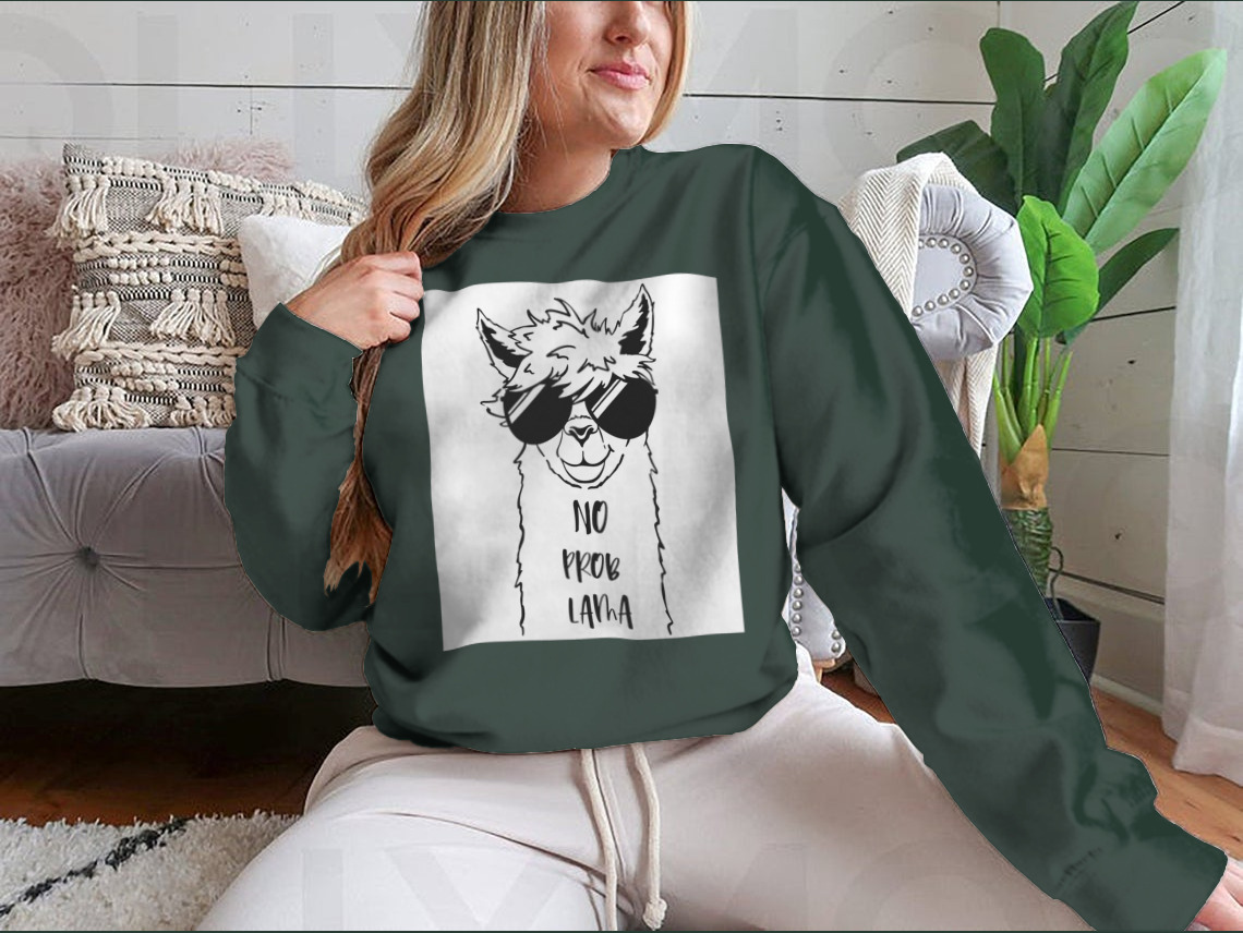 Cute sweatshirt featuring a llama face wearing sunglasses, showcasing a fun and playful design.