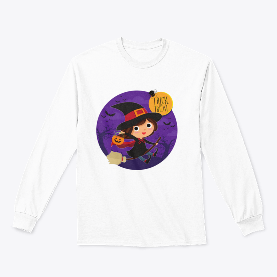 A cute cartoon illustration of a witch flying on a broomstick, featured on a comfortable cotton shirt design.