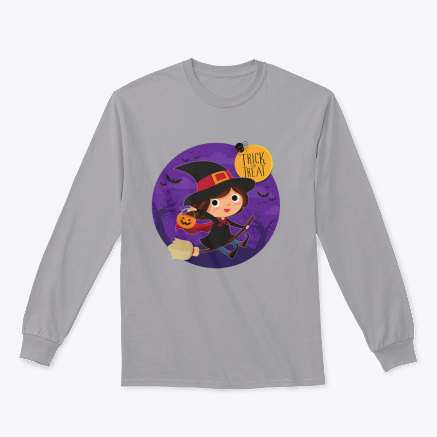 A cute cartoon illustration of a witch flying on a broomstick, featured on a comfortable cotton shirt design.