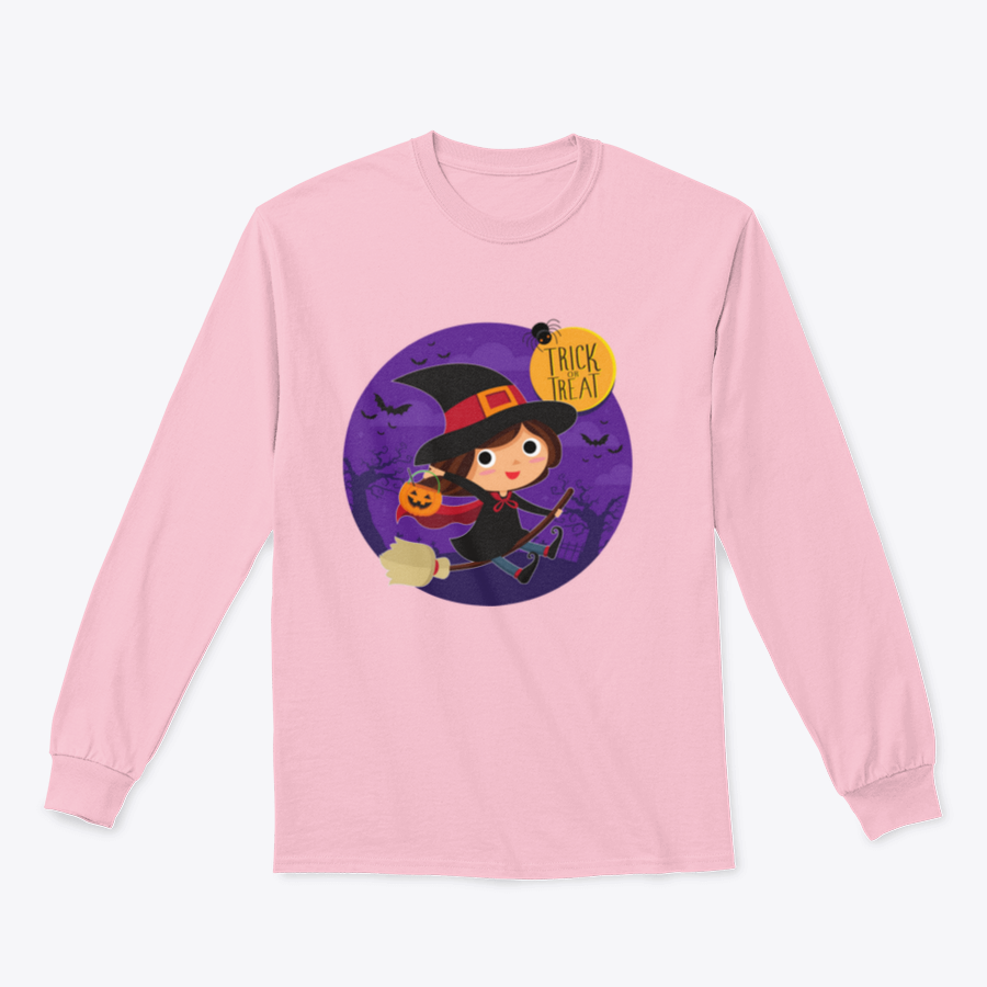 A cute cartoon illustration of a witch flying on a broomstick, featured on a comfortable cotton shirt design.