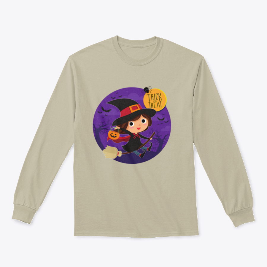 A cute cartoon illustration of a witch flying on a broomstick, featured on a comfortable cotton shirt design.