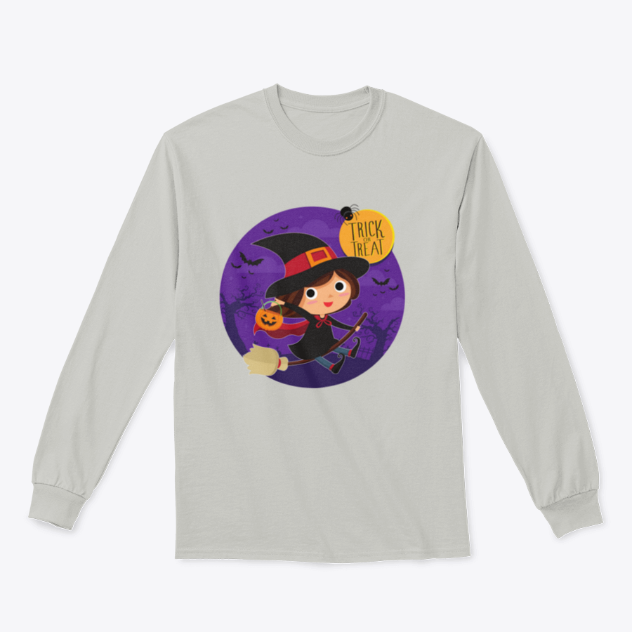 A cute cartoon illustration of a witch flying on a broomstick, featured on a comfortable cotton shirt design.