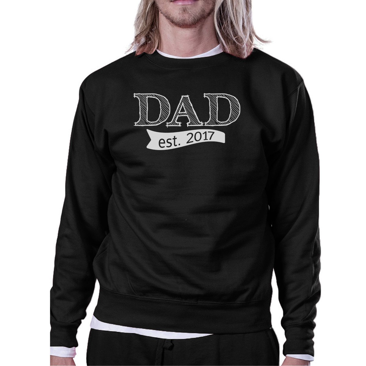 A black unisex sweatshirt featuring a unique graphic that reads 'Dad Est 2017', made from a comfortable cotton-polyester blend, perfect for Father's Day gifts.