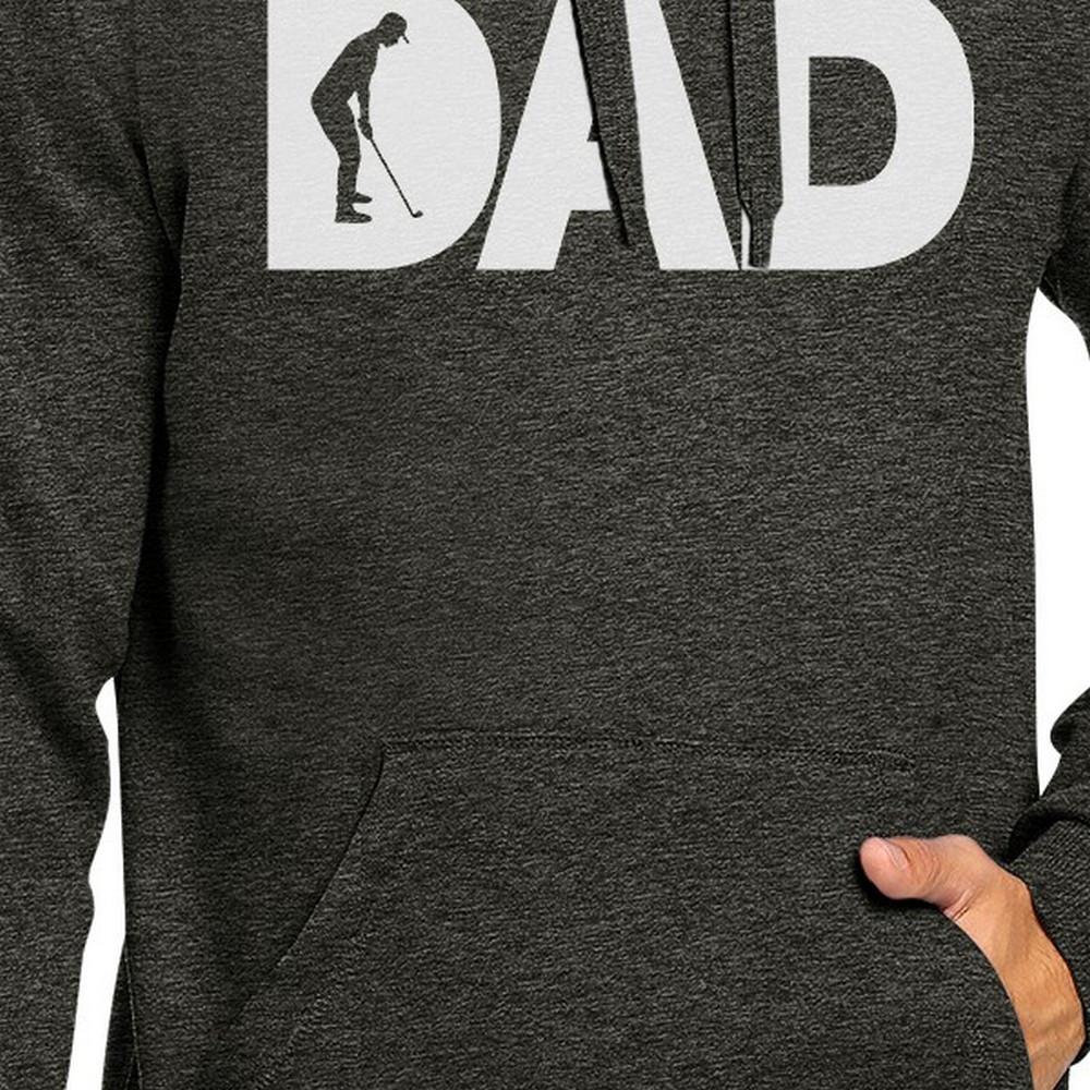 Dad Golf Gray Unisex Pullover Hoodie displayed on a mannequin, showcasing its soft fleece material and unique design.