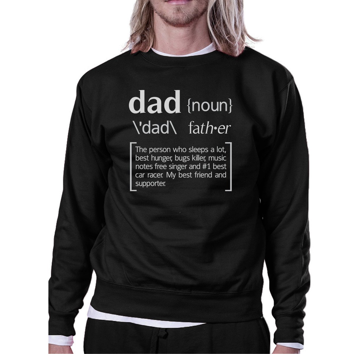 A black pullover sweatshirt featuring the humorous text 'Dad Noun' designed for Father's Day gifts, made from a soft cotton-polyester blend.