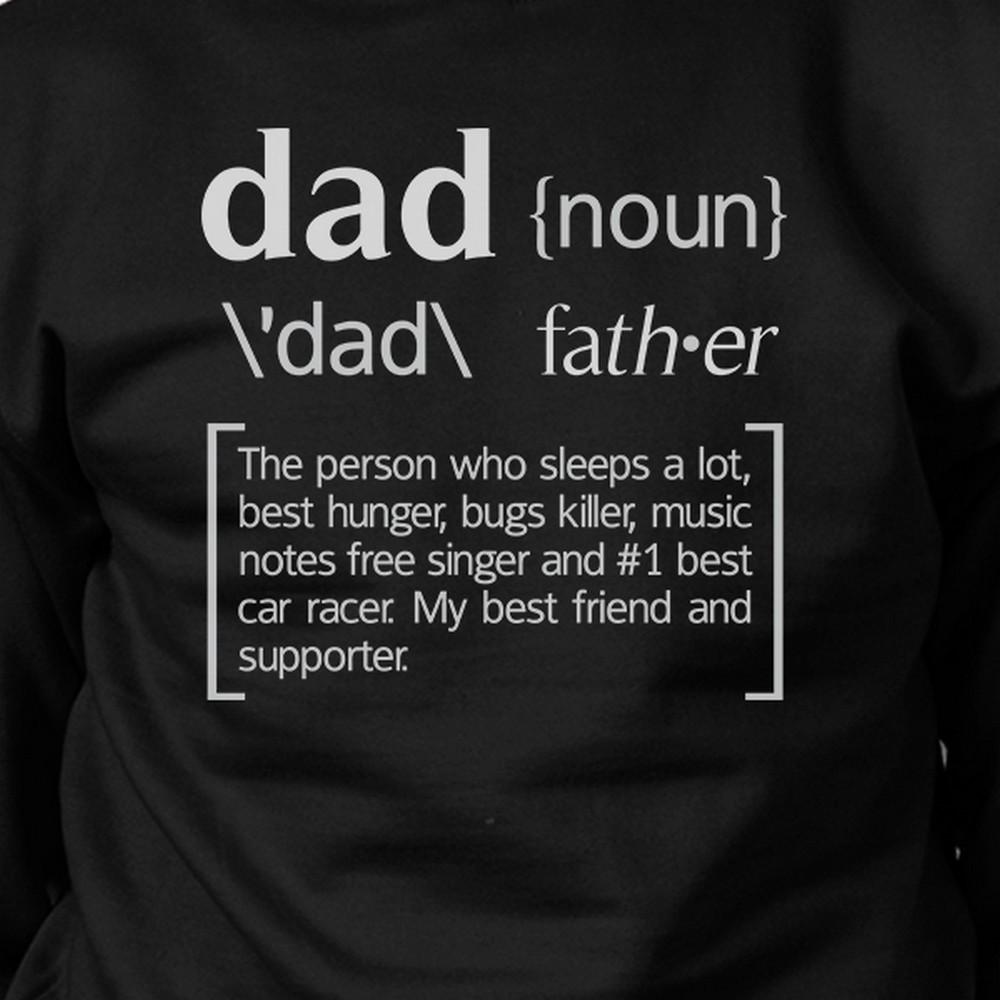 A black pullover sweatshirt featuring the humorous text 'Dad Noun' designed for Father's Day gifts, made from a soft cotton-polyester blend.