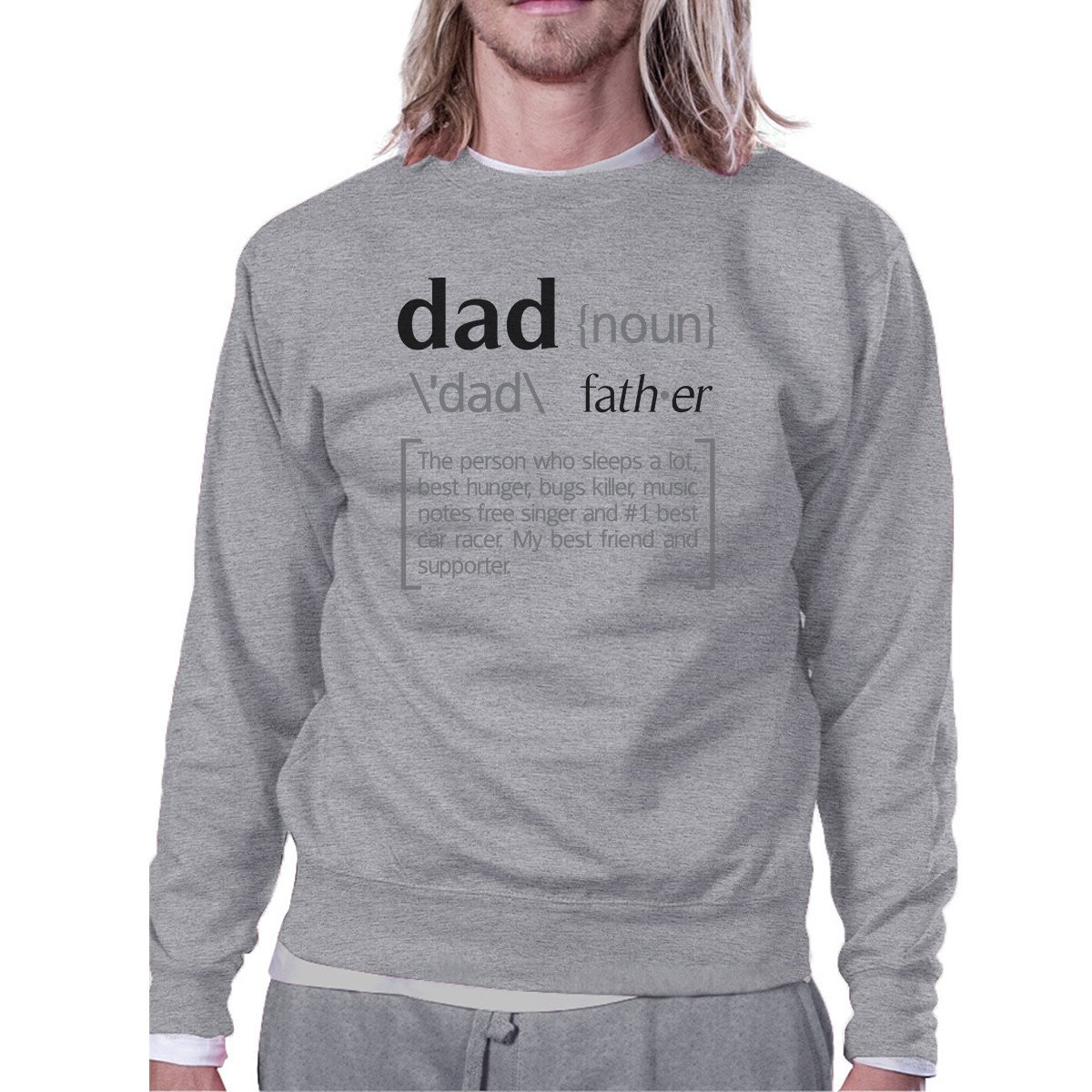 A grey unisex sweatshirt featuring a funny 'Dad Noun' design, made from a soft cotton-polyester blend, perfect for Father's Day gifts.