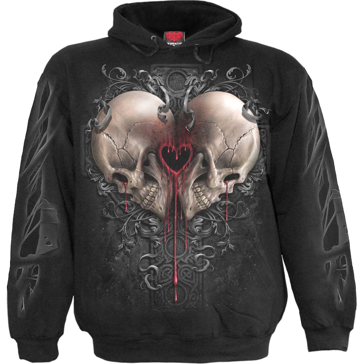 DARK LOVE Hoody Black featuring a humorous Grim Reaper design, made from 100% cotton fleece.