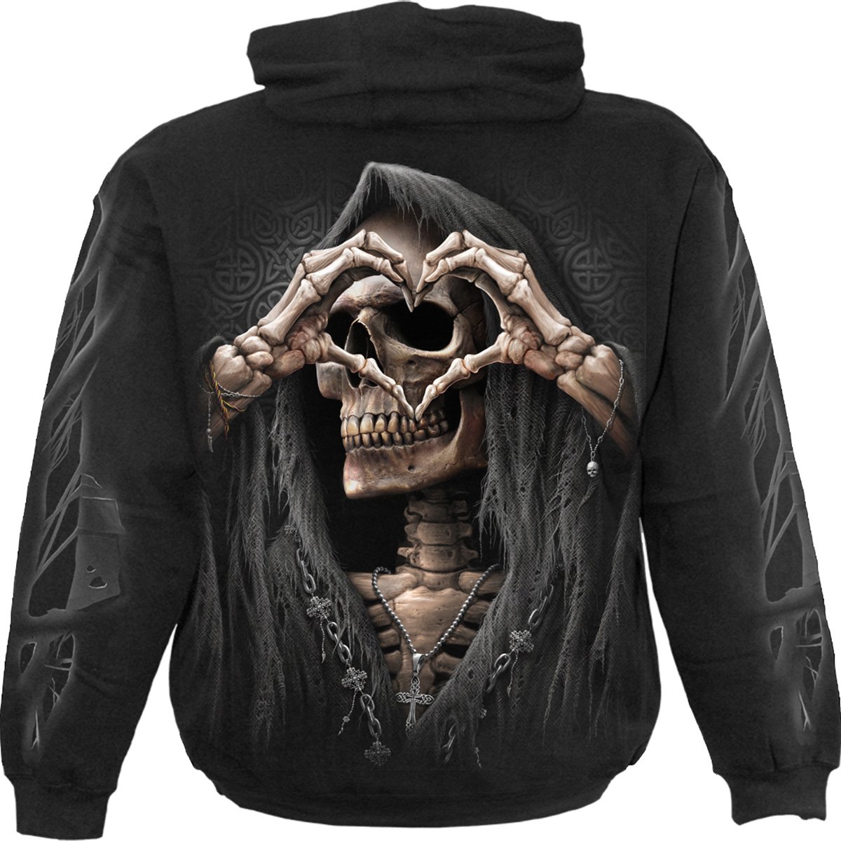 DARK LOVE Hoody Black featuring a humorous Grim Reaper design, made from 100% cotton fleece.