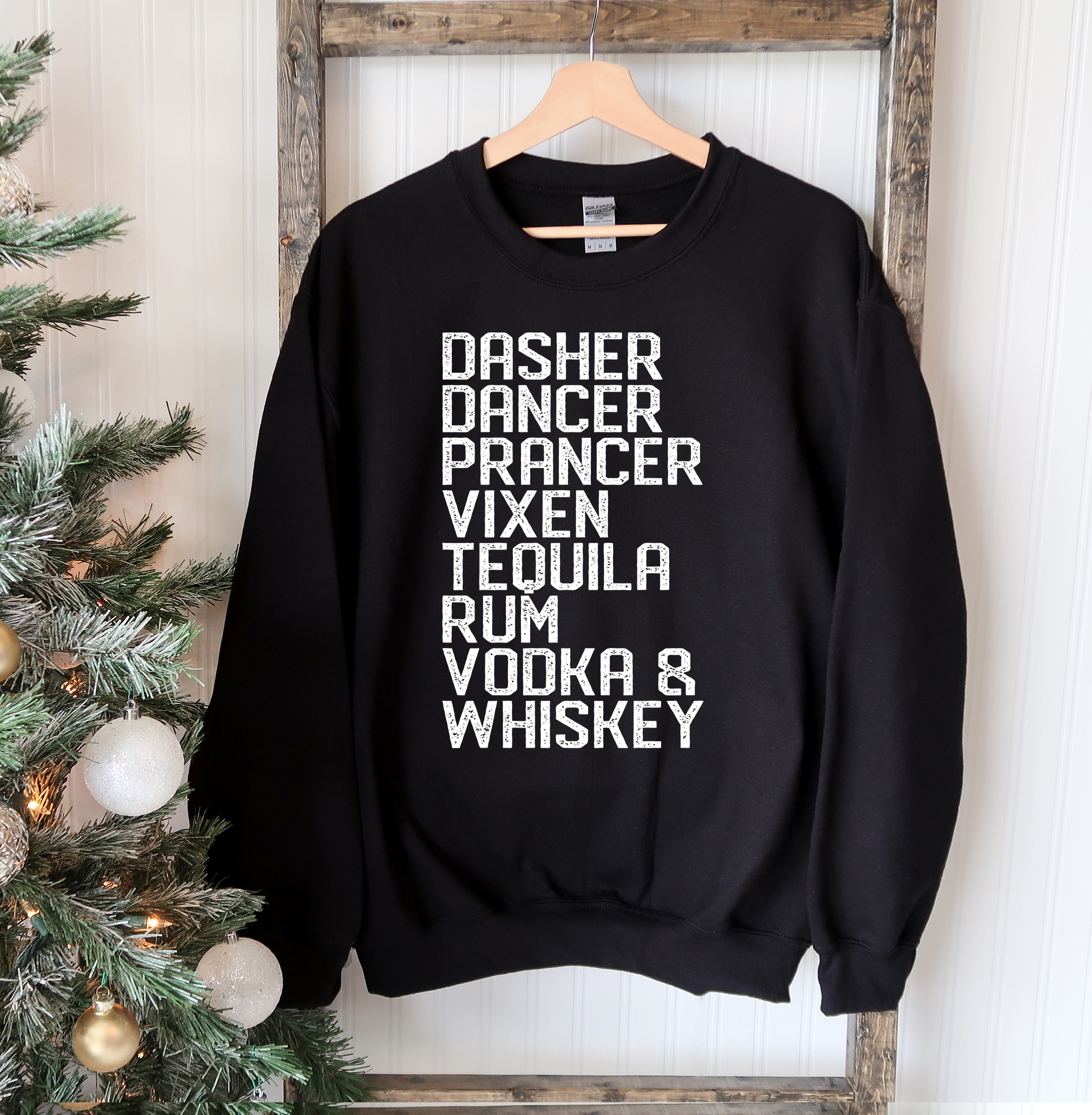 Dasher Dancer Christmas Sweatshirt featuring a festive design with a crew neck and soft fabric, perfect for holiday celebrations.