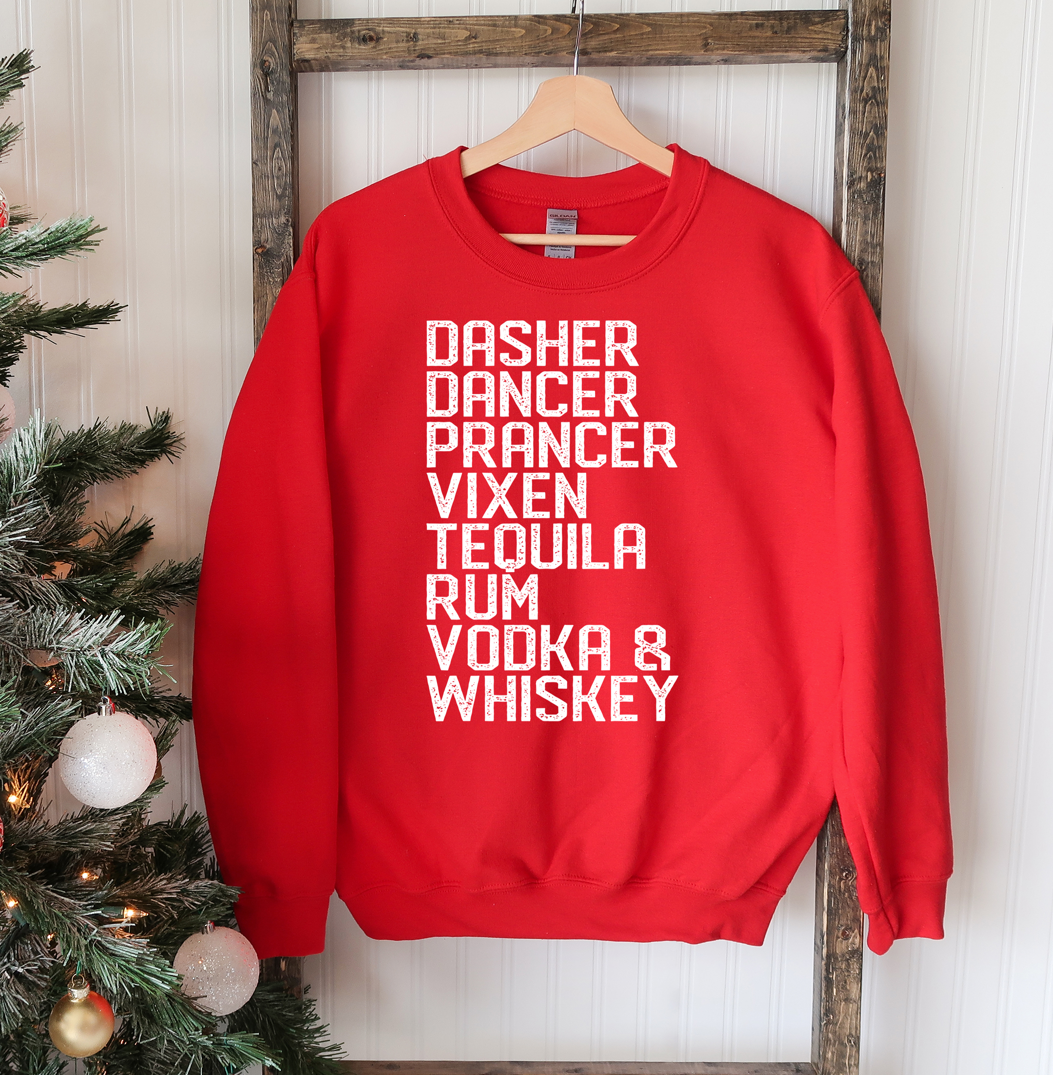 Dasher Dancer Christmas Sweatshirt featuring a festive design with a crew neck and soft fabric, perfect for holiday celebrations.