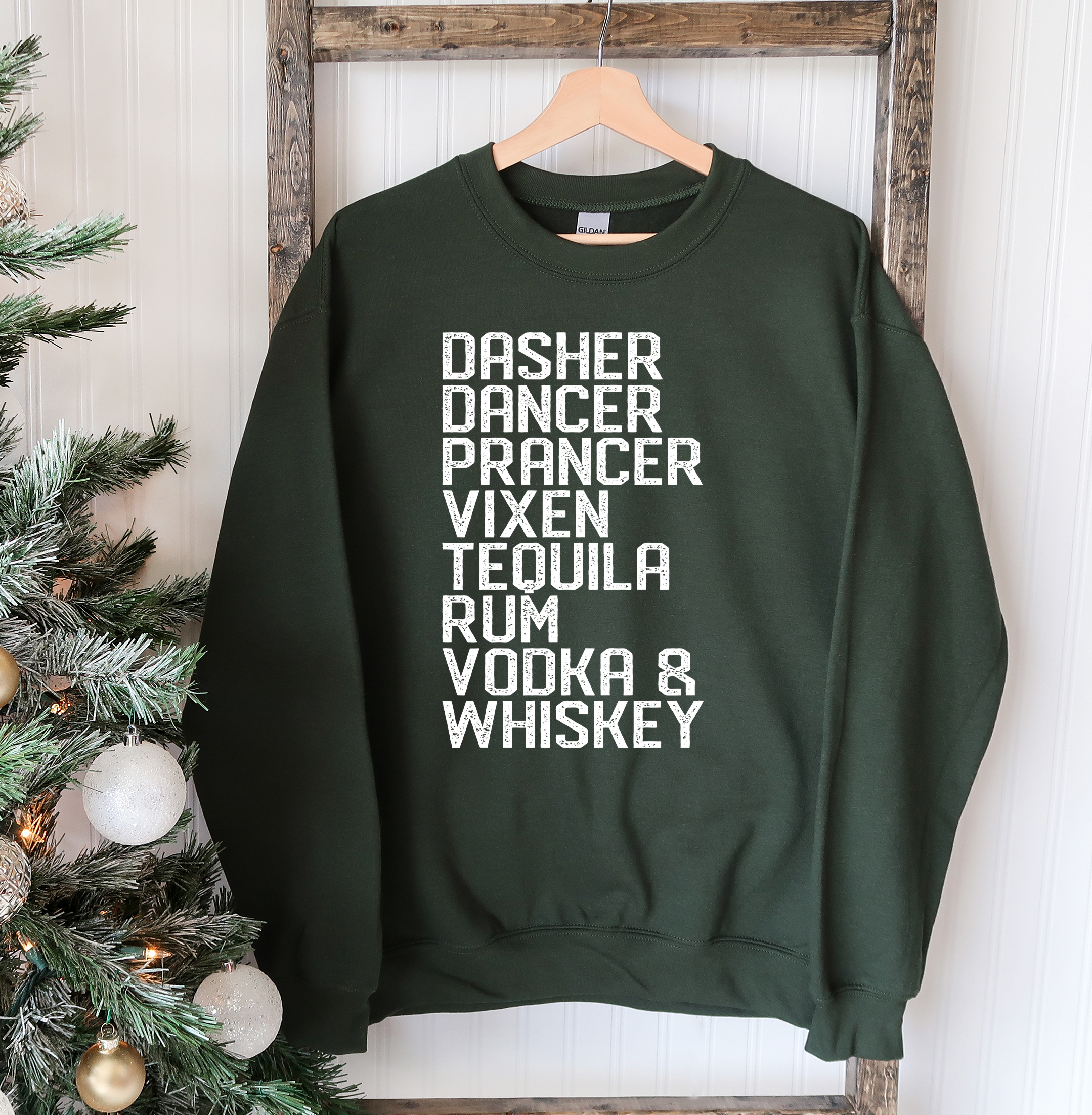 Dasher Dancer Christmas Sweatshirt featuring a festive design with a crew neck and soft fabric, perfect for holiday celebrations.