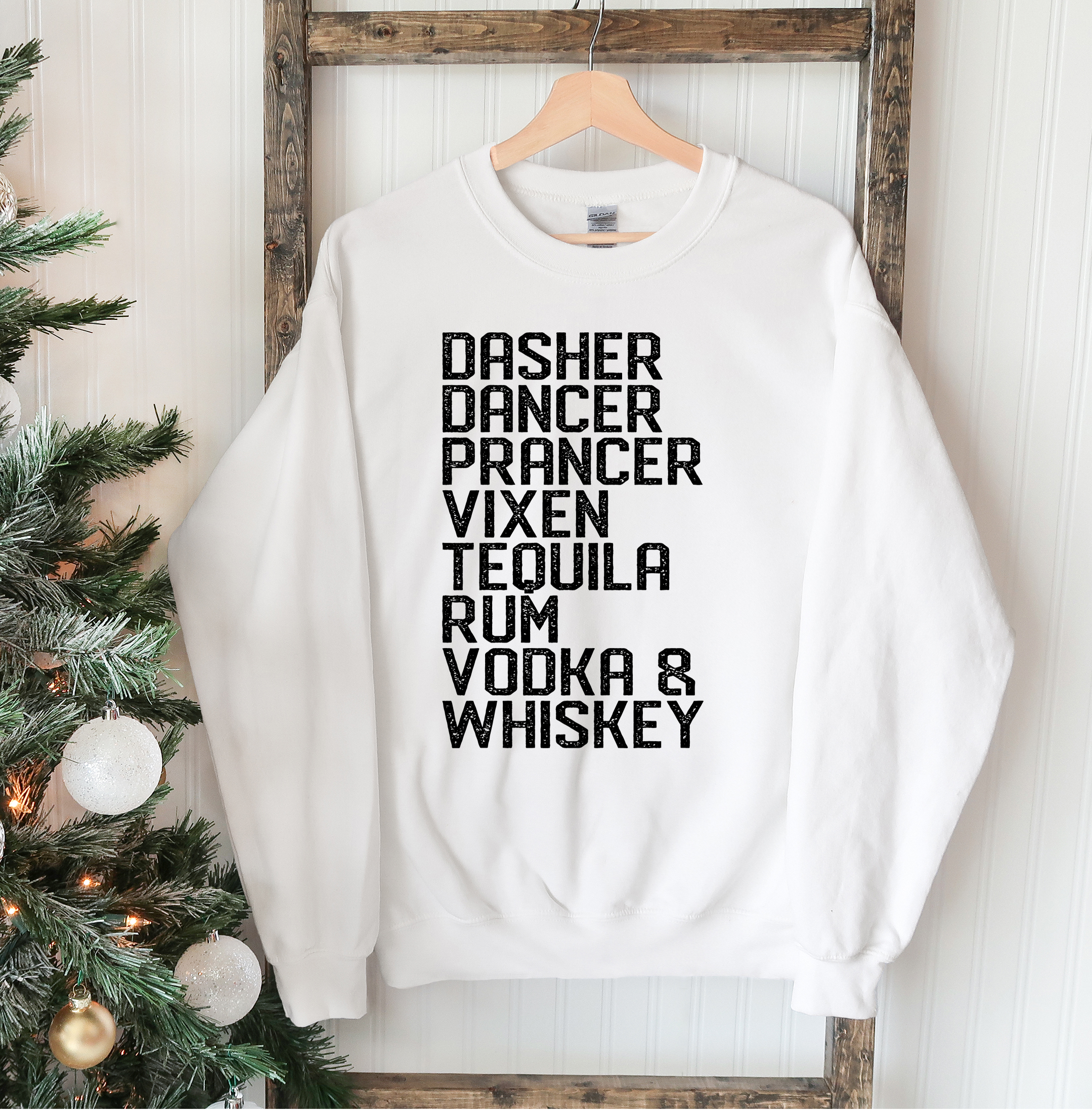 Dasher Dancer Christmas Sweatshirt featuring a festive design with a crew neck and soft fabric, perfect for holiday celebrations.