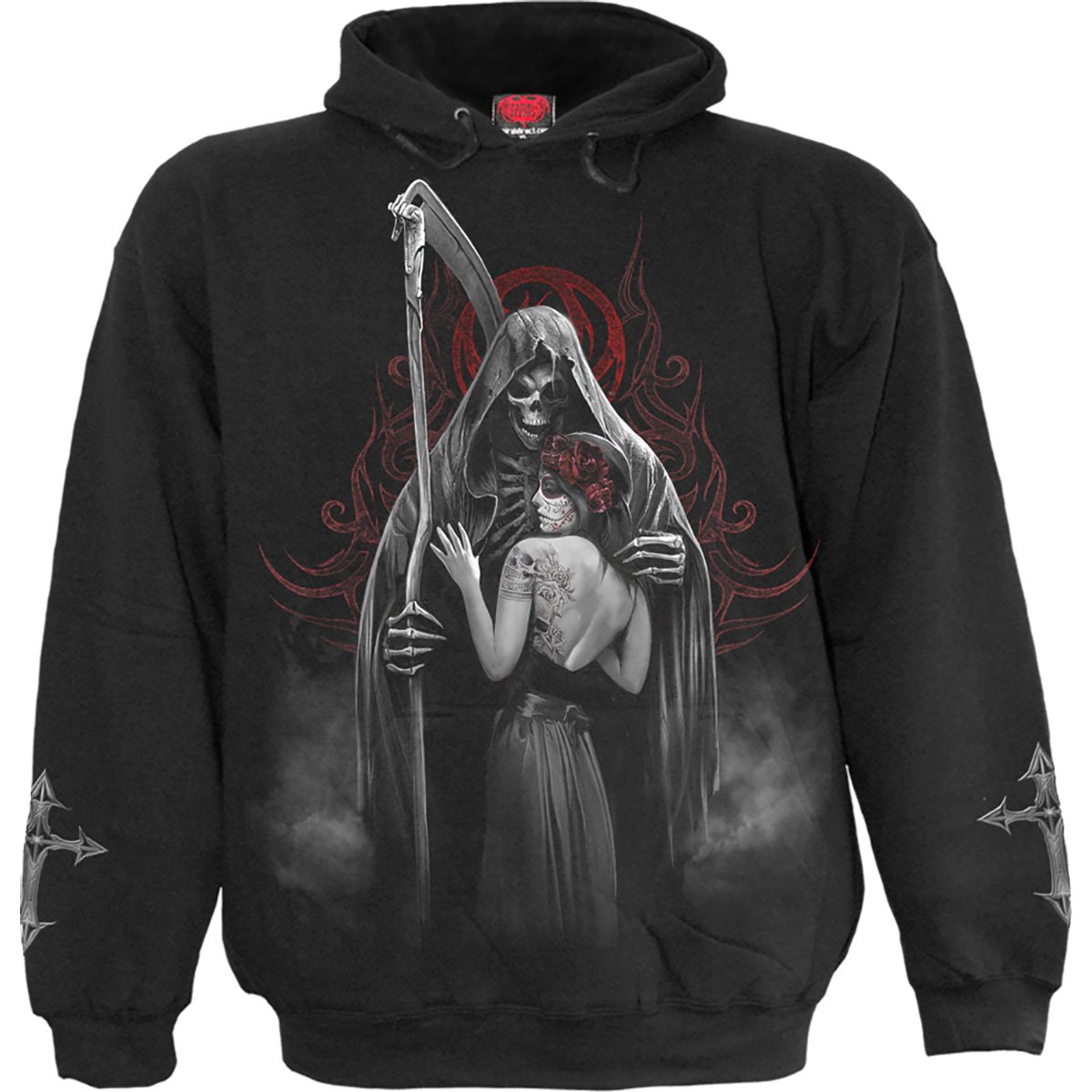 DEAD KISS Hoody Black featuring a chilling design, made from 100% cotton fleece, showcasing a stylish and comfortable fit.