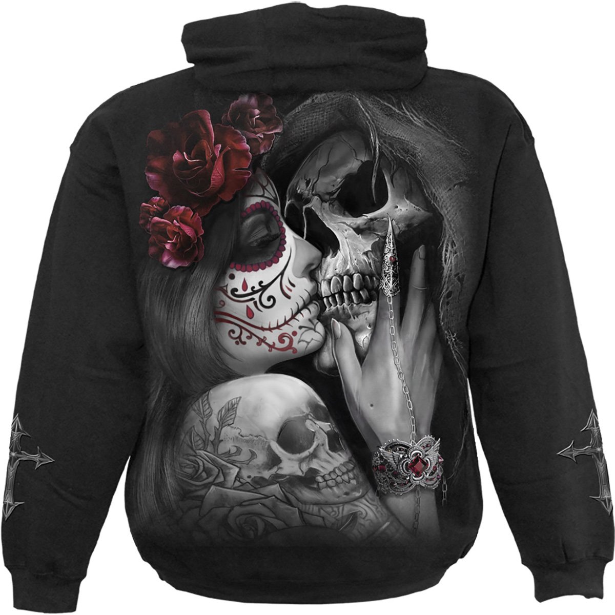 DEAD KISS Hoody Black featuring a chilling design, made from 100% cotton fleece, showcasing a stylish and comfortable fit.