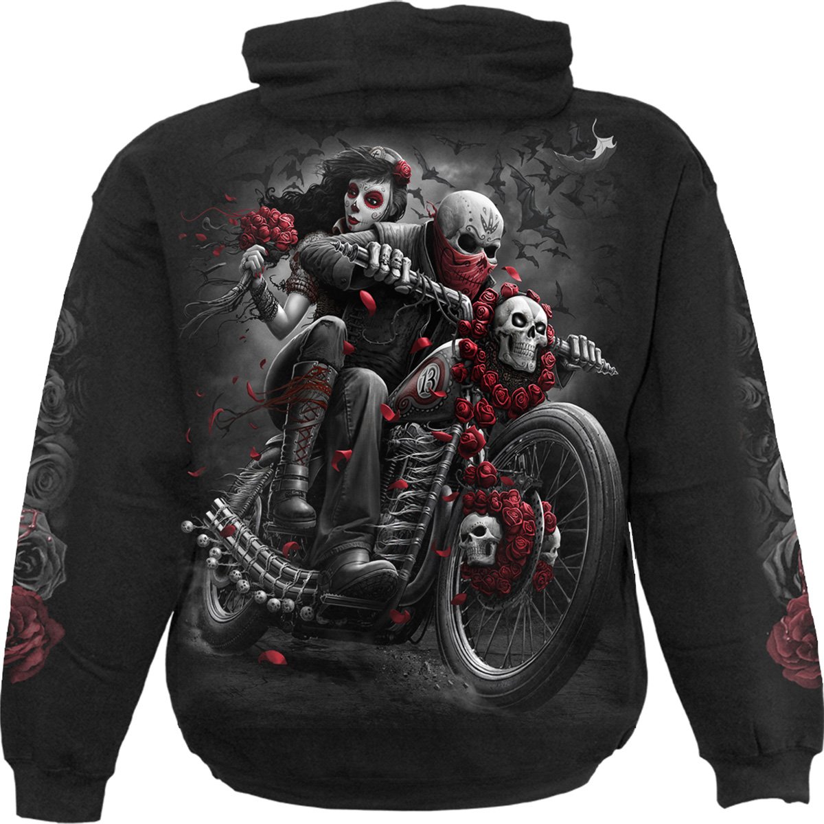 DOTD BIKERS Hoody Black featuring a Day of the Dead bride design, made from 100% cotton fleece.