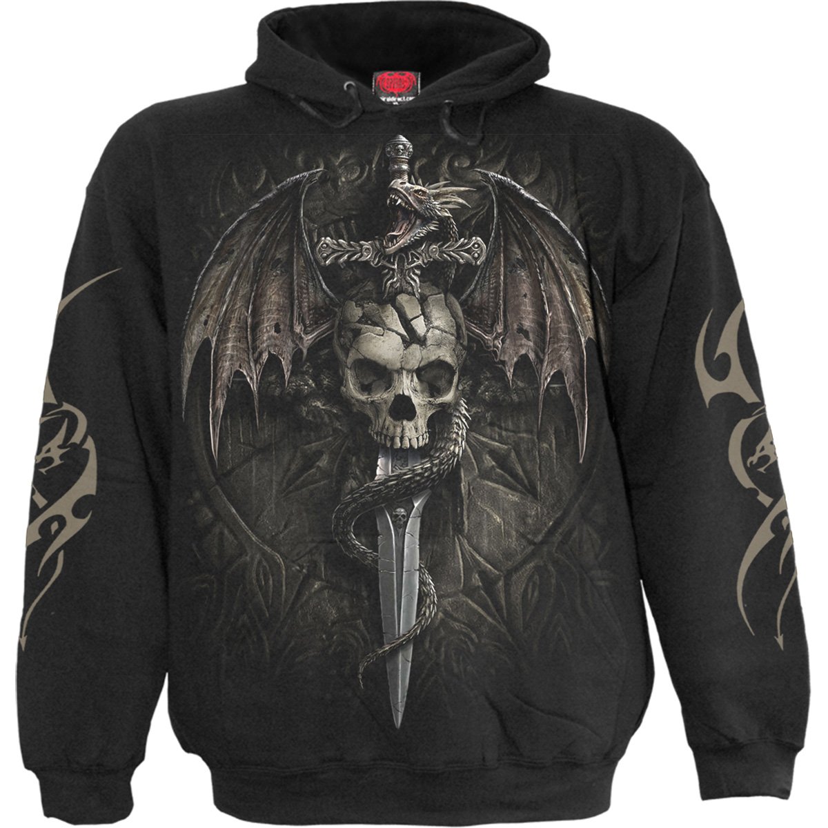 A black hoody featuring a detailed design of a skull and a dragon, showcasing intricate artwork that blends death and folklore.