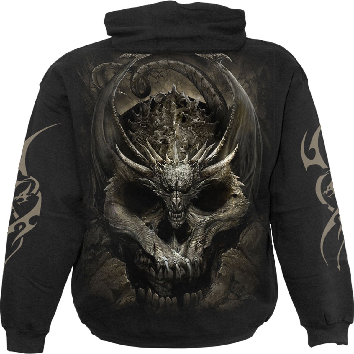 A black hoody featuring a detailed design of a skull and a dragon, showcasing intricate artwork that blends death and folklore.