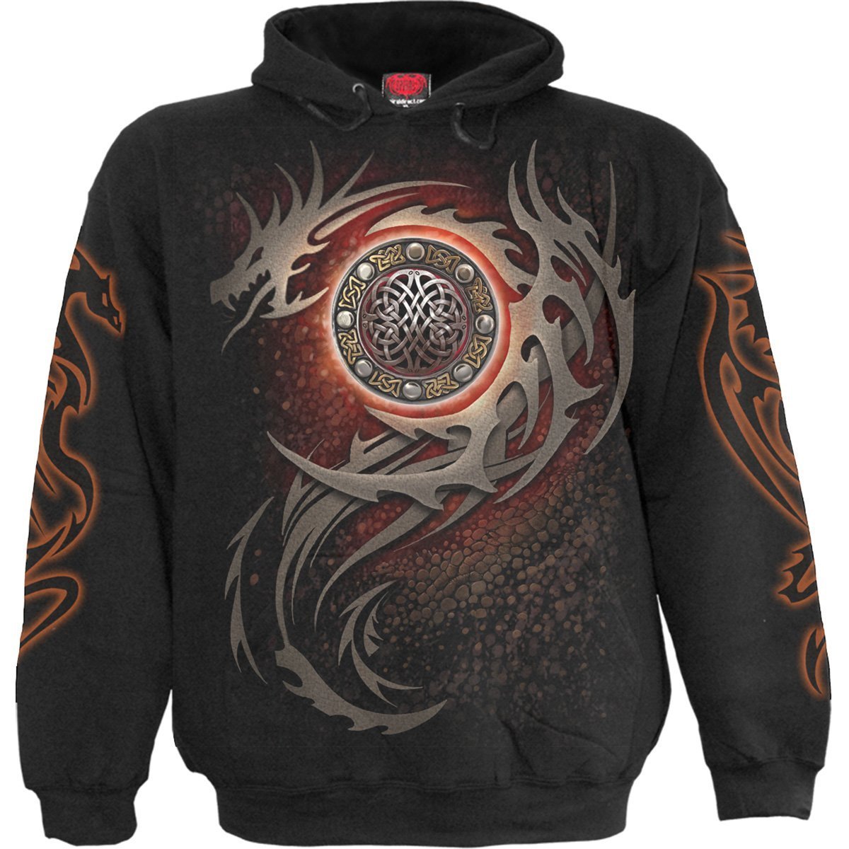 DRAGON EYE Hoody Black featuring intricate paisley pattern and skeletal face design, made from 100% cotton fleece.