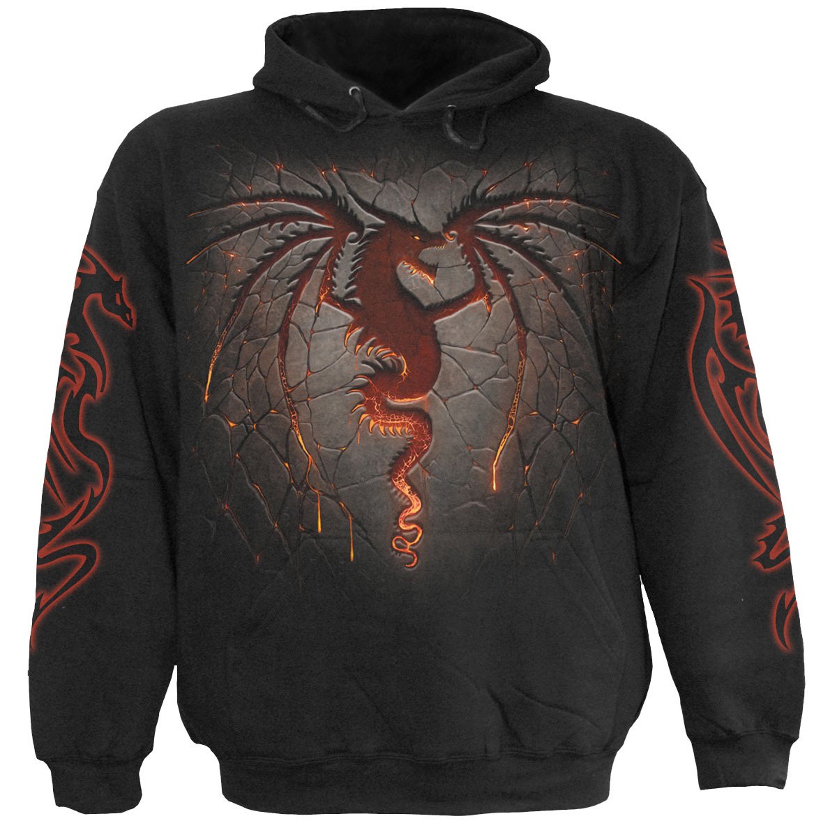 Black DRAGON FURNACE Hoody featuring a fierce dragon design, made from 100% cotton fleece for comfort and style.