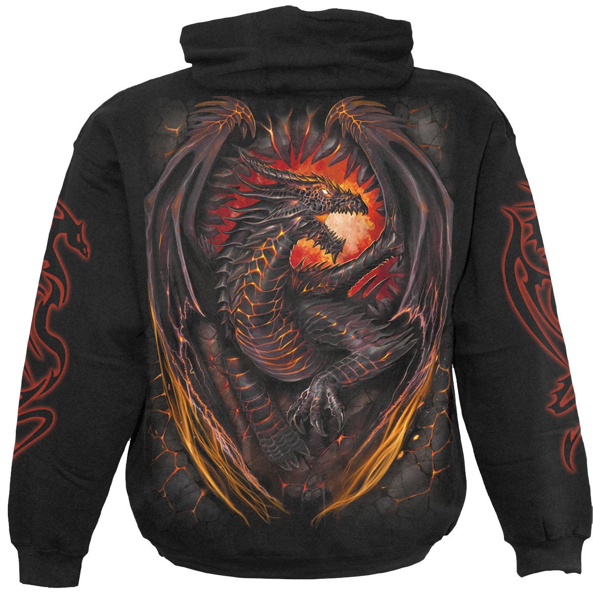 Black DRAGON FURNACE Hoody featuring a fierce dragon design, made from 100% cotton fleece for comfort and style.