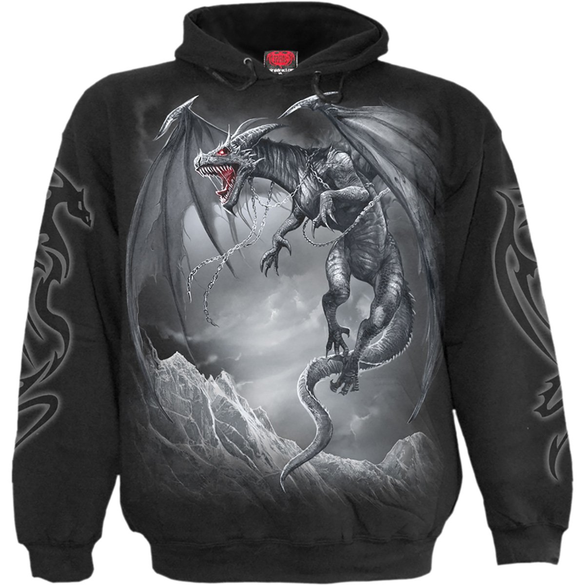 Black hoody featuring a fierce dragon design, made from 100% cotton fleece, showcasing vibrant colors and intricate details.