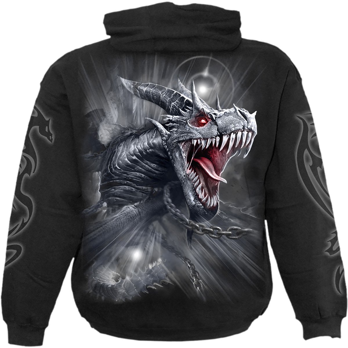 Black hoody featuring a fierce dragon design, made from 100% cotton fleece, showcasing vibrant colors and intricate details.