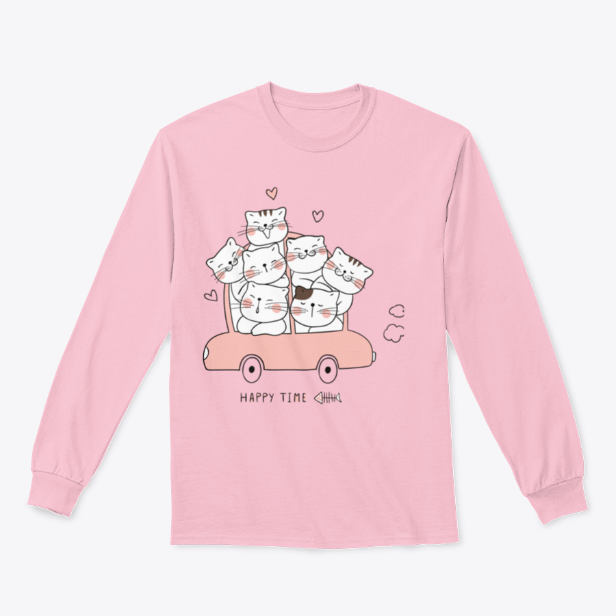 A cute cat character design sitting in a pink pastel car, showcasing a whimsical and playful style.