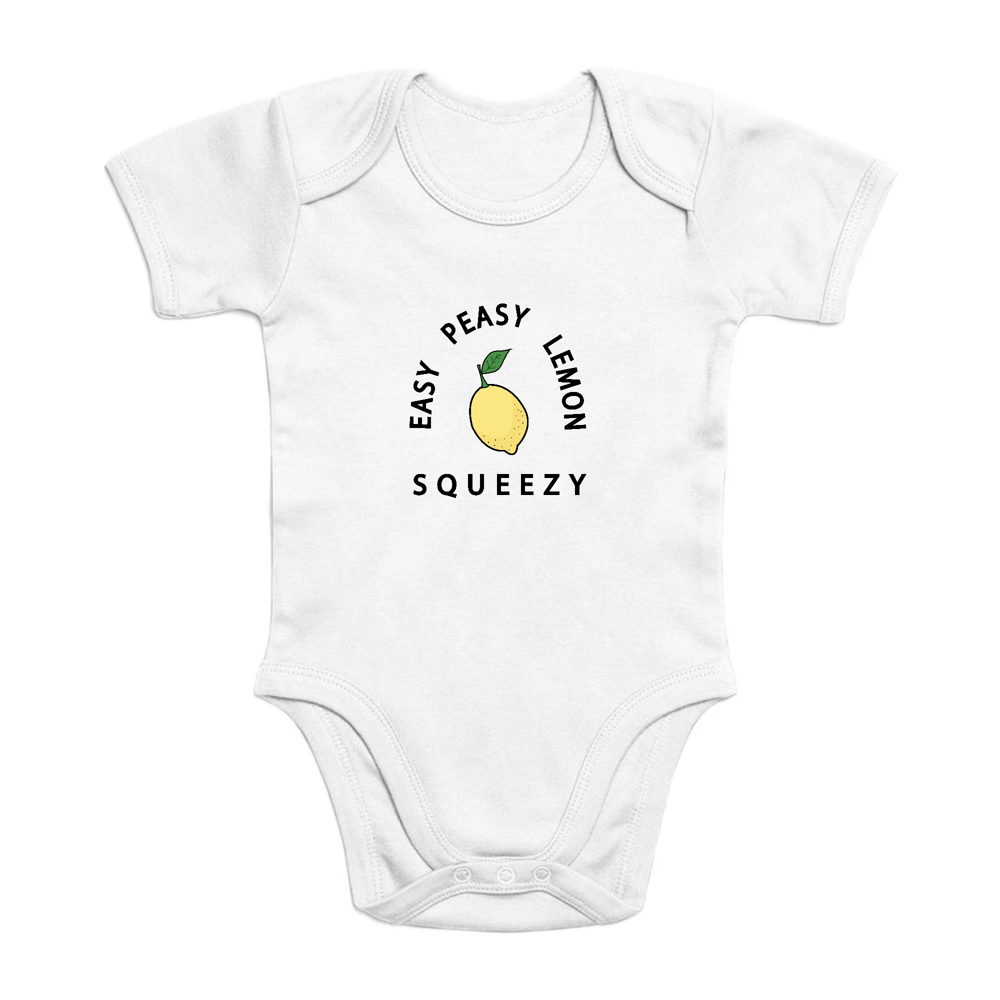 Easy Peasy Lemon Squeezy organic cotton onesie in bright yellow with playful print, perfect for babies.