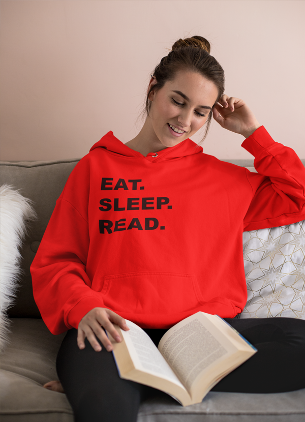 Eat Sleep Read Hoodie featuring a cozy fleece lining and adjustable hood, perfect for book lovers.