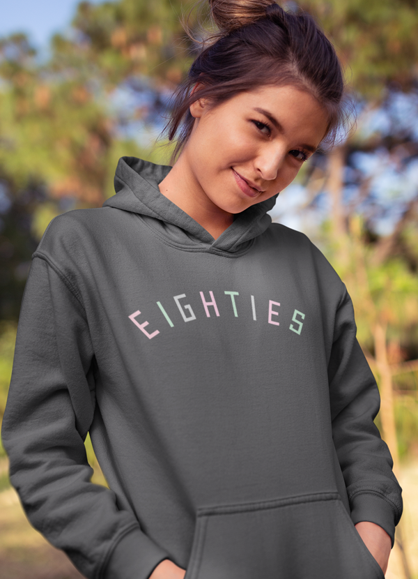 Eighty HOODIE featuring a cozy cotton/poly fleece blend with adjustable hood and unique artistic designs.