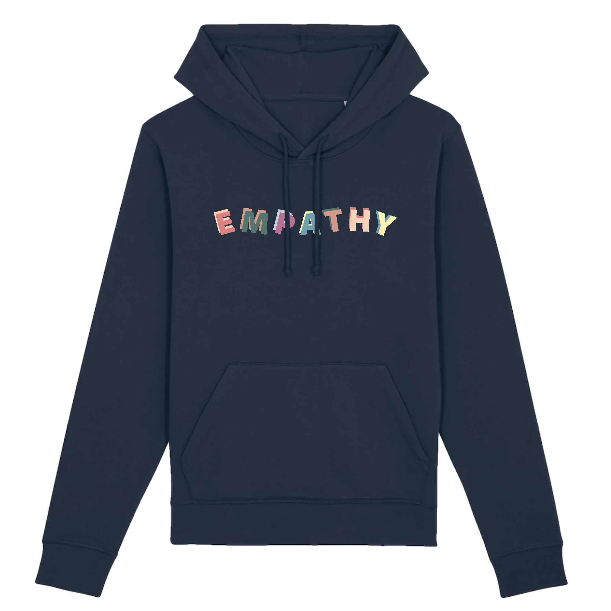 Empathy Organic Cotton Hoodie in a unisex fit, made from 85% organic cotton and 15% recycled polyester, featuring eco-friendly printing.