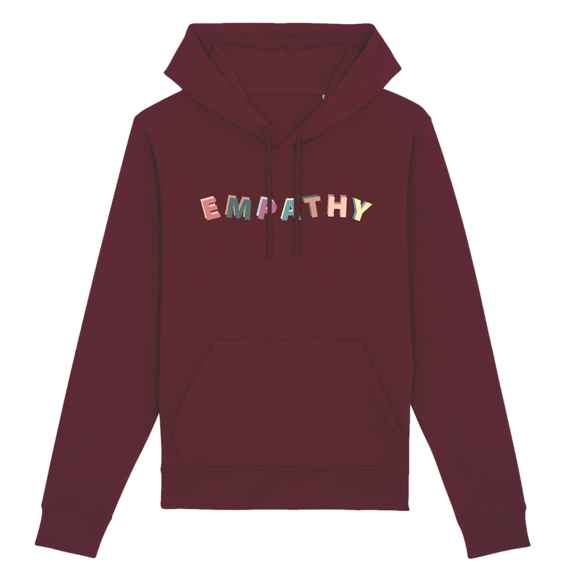 Empathy Organic Cotton Hoodie in a unisex fit, made from 85% organic cotton and 15% recycled polyester, featuring eco-friendly printing.