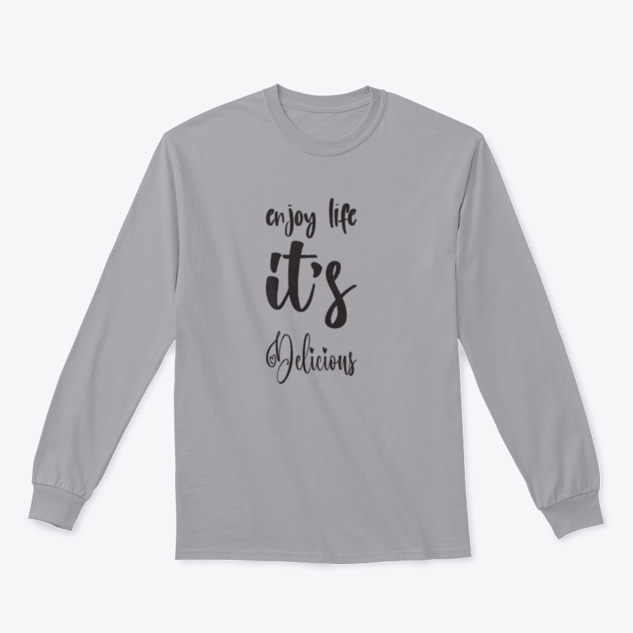 Enjoy Life It'S Delicious Letter Quote T-Shirt in Sport Grey, showcasing a positive message with a classic fit.