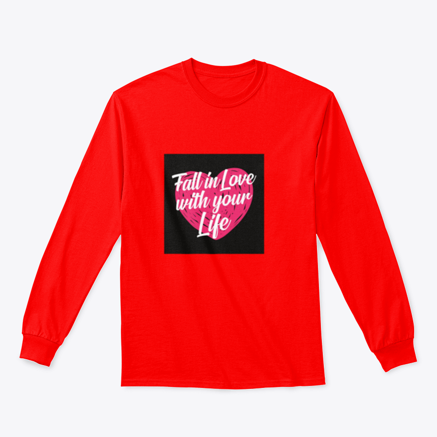 A stylish t-shirt featuring the inspirational quote 'Fall In Love With Your Life' in elegant typography, perfect for motivation.