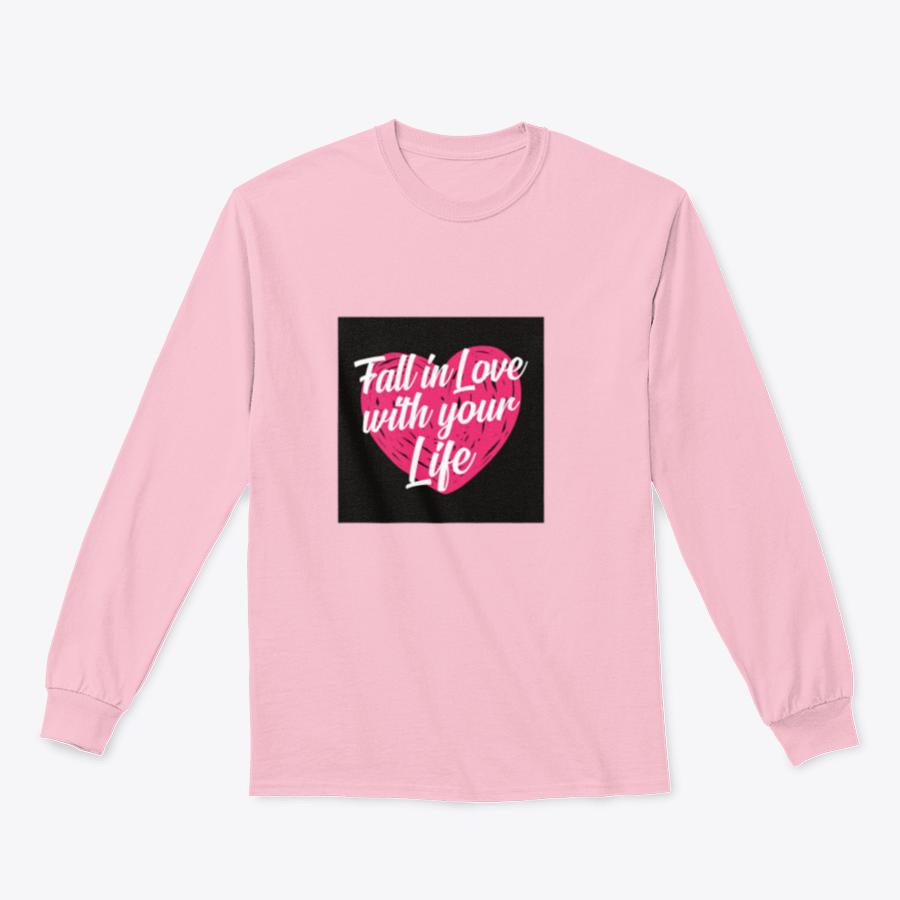 A stylish t-shirt featuring the inspirational quote 'Fall In Love With Your Life' in elegant typography, perfect for motivation.