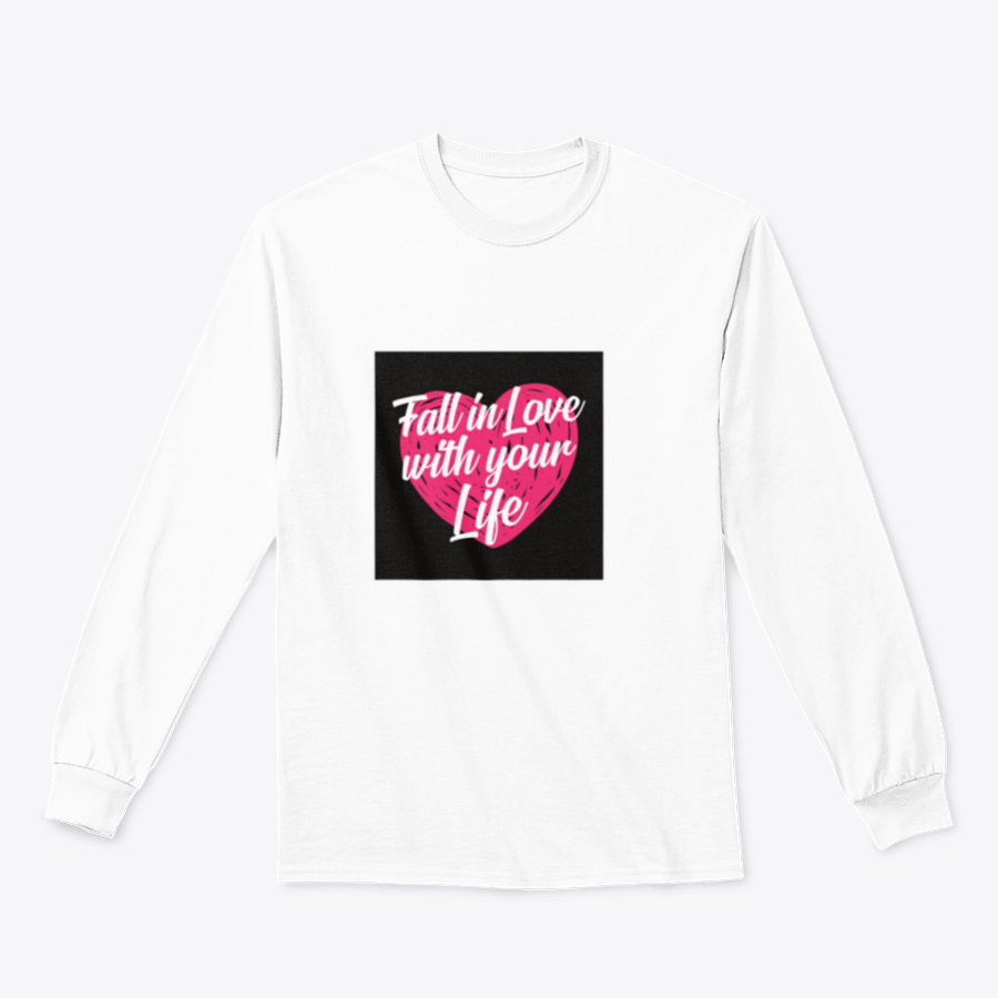 A stylish t-shirt featuring the inspirational quote 'Fall In Love With Your Life' in elegant typography, perfect for motivation.