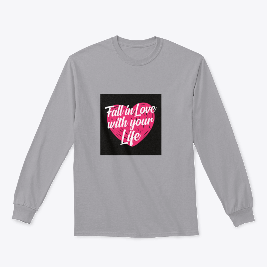 A stylish t-shirt featuring the inspirational quote 'Fall In Love With Your Life' in elegant typography, perfect for motivation.