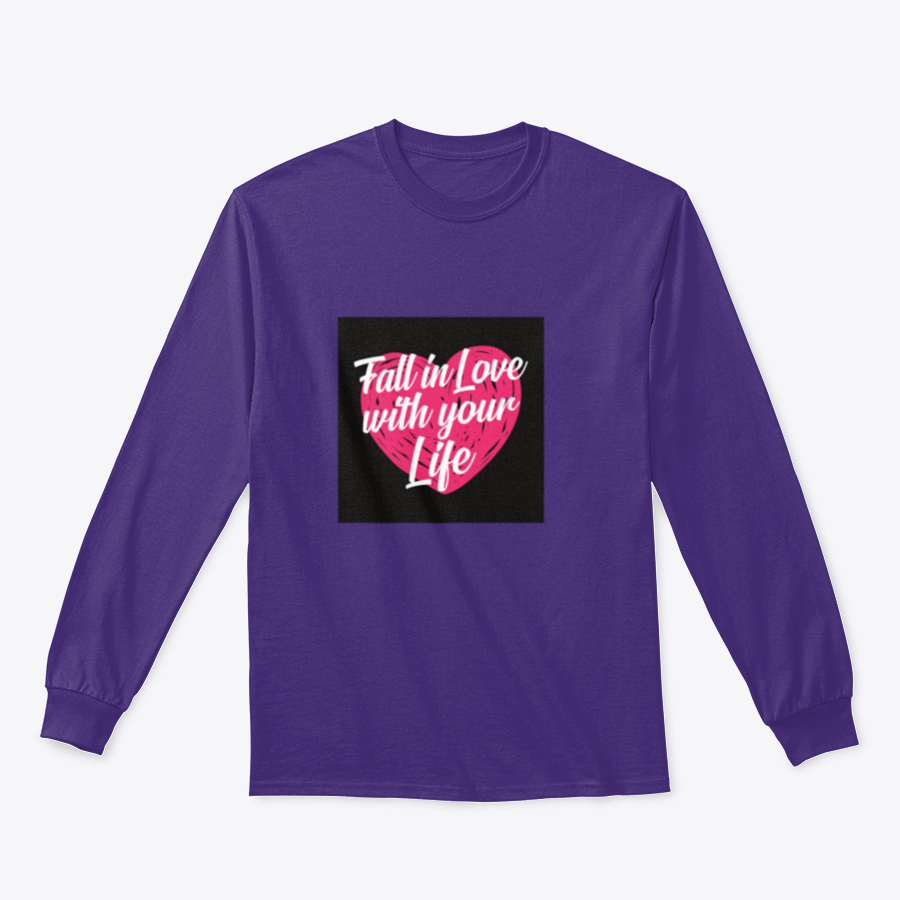 A stylish t-shirt featuring the inspirational quote 'Fall In Love With Your Life' in elegant typography, perfect for motivation.