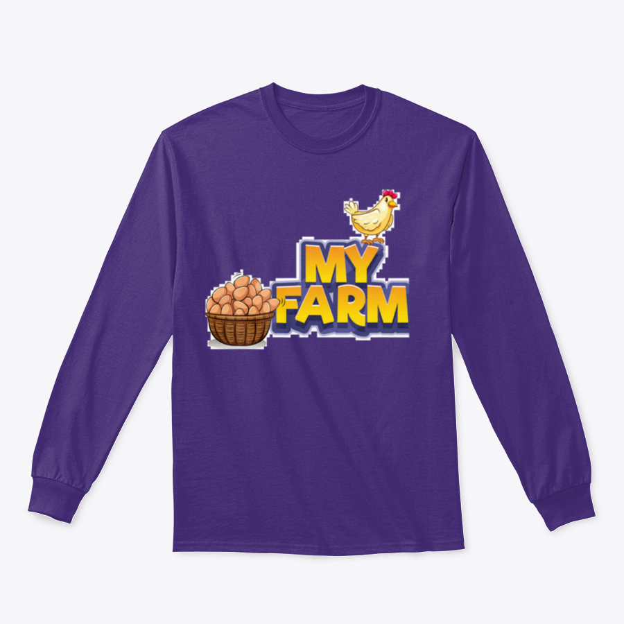 My Farm T-shirt featuring a whimsical chicken and eggs illustration, made from a soft cotton/polyester blend.