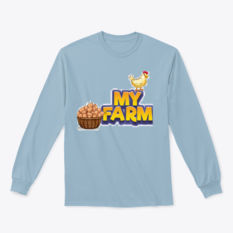 My Farm T-shirt featuring a whimsical chicken and eggs illustration, made from a soft cotton/polyester blend.