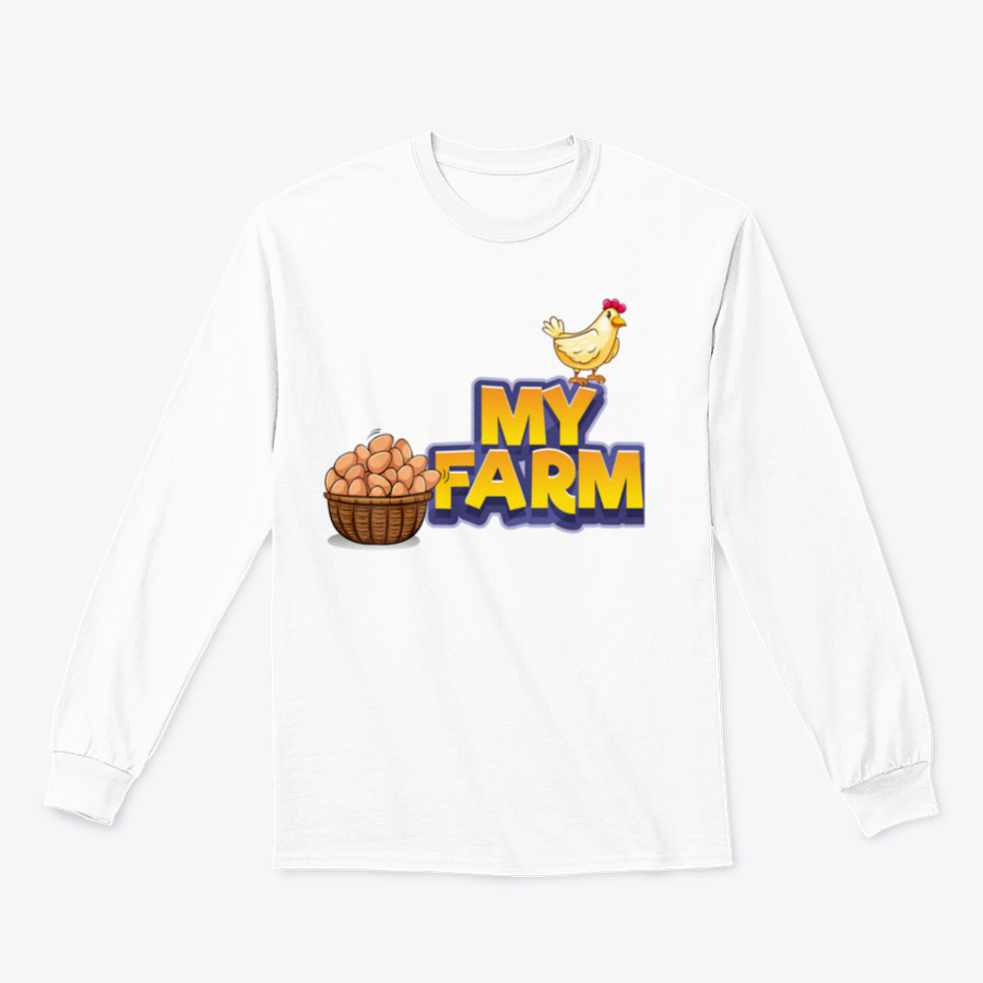 My Farm T-shirt featuring a whimsical chicken and eggs illustration, made from a soft cotton/polyester blend.