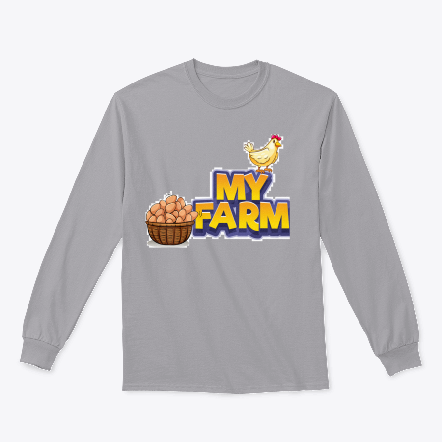 My Farm T-shirt featuring a whimsical chicken and eggs illustration, made from a soft cotton/polyester blend.